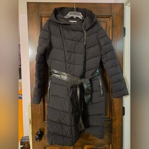 Bernardo Black Asymmetrical Puffer Coat with Leather Belt